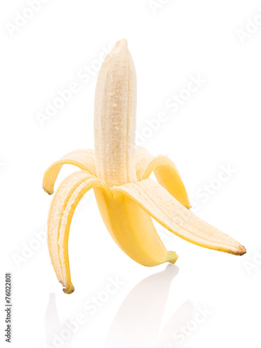 Peeled banana on white background