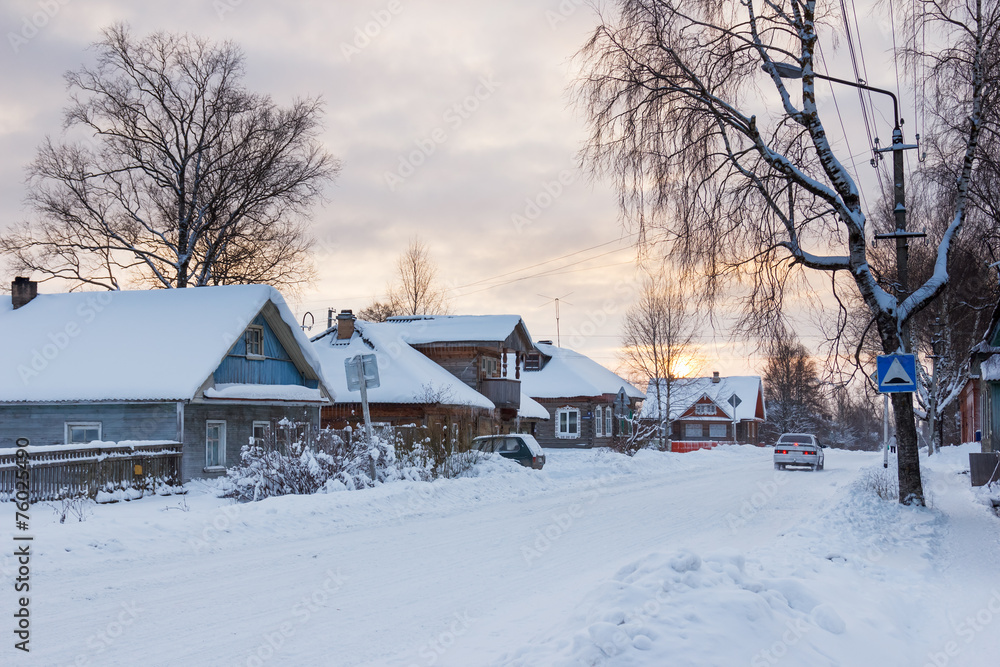 Winter landscape in northern Russian city in evening twilight Winter landscape in northern Russian city in evening twilight