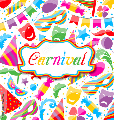 Festive card with carnival and party colorful icons and objects