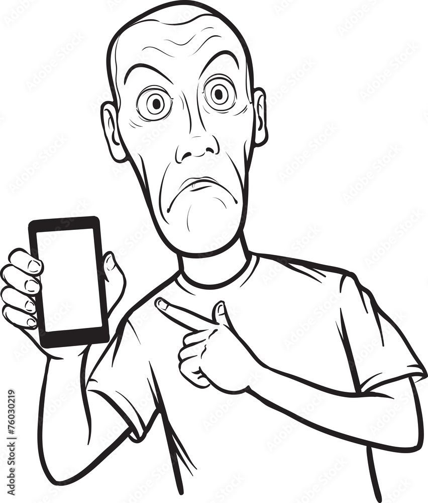line drawing of a shocked young man showing a mobile app on a sm Stock