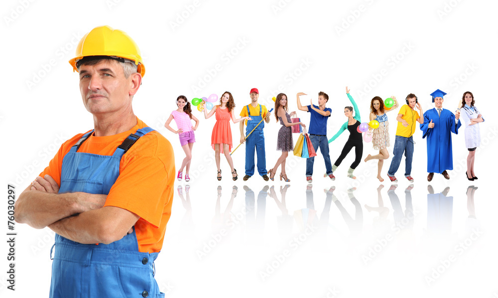 People of different professions in collage isolated on white People of different professions in collage isolated on white