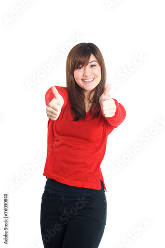 Two hands thumbs up woman in red