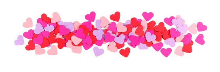 Valentines Day border of colorful paper hearts over white