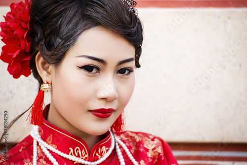 Photography Chinese woman red dress traditional cheongsam