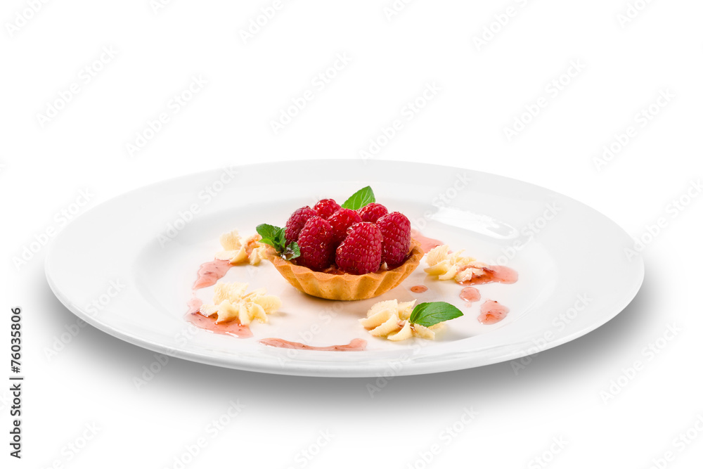 Sweet raspberry dessert on a white plate