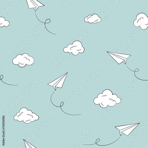 Seamless pattern with paper planes and clouds