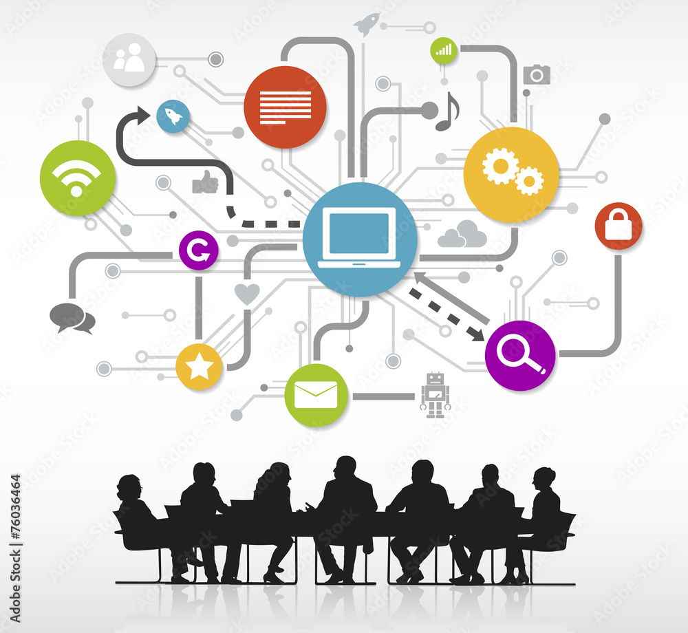 Group of Business People Meeting with Technology Symbol Group of Business People Meeting with Technology Symbol