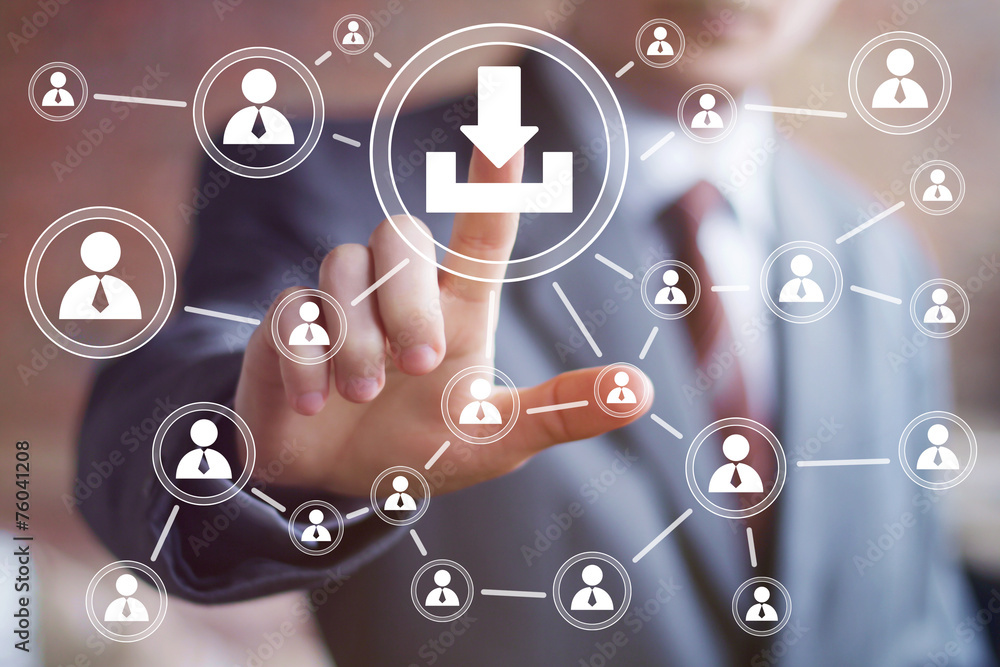 Businessman pushing web button download communication Businessman pushing web button download communication