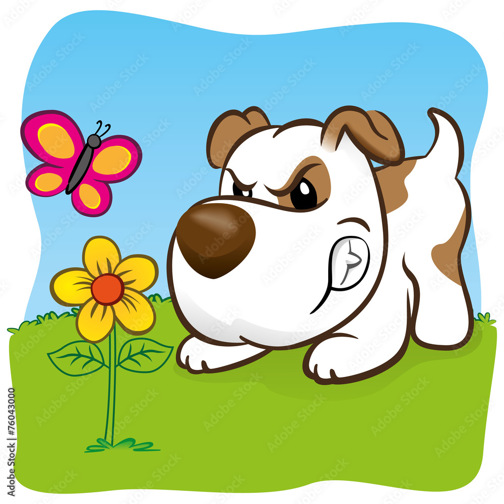 mascot dog barking angry for a butterfly on flower mascot dog barking angry for a butterfly on flower