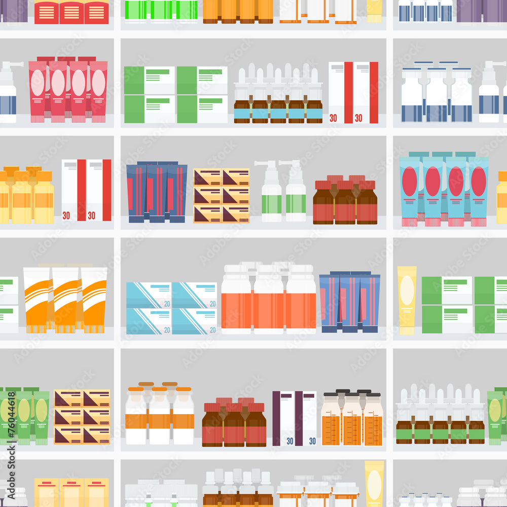 Various Pills and Drugs on Shelves
