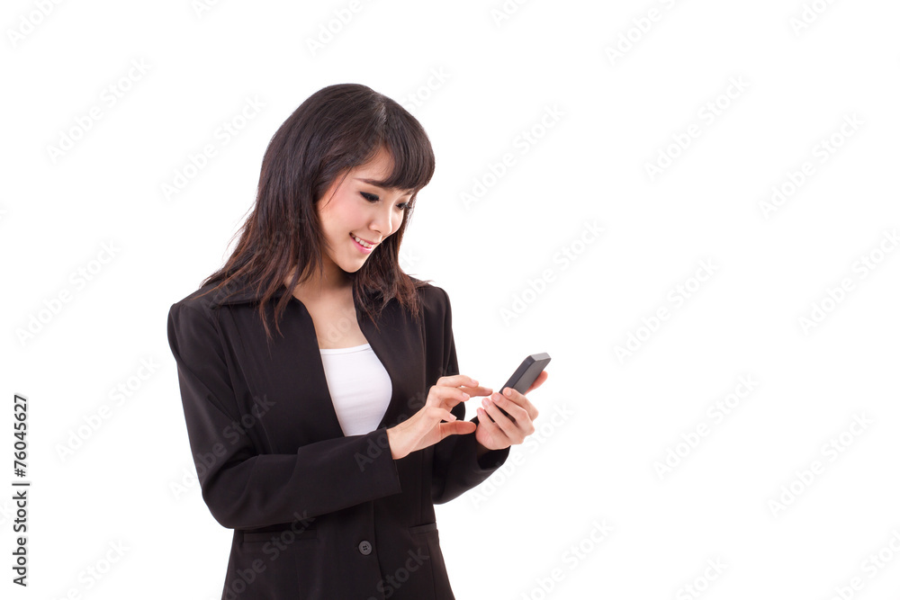 asian business woman texting, messaging, using smartphone asian business woman texting, messaging, using smartphone