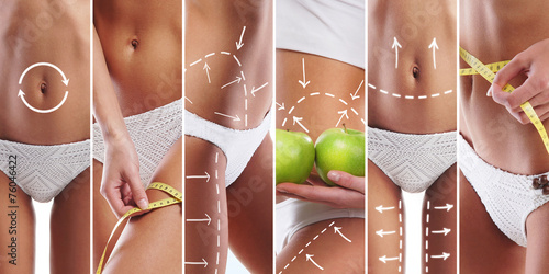 Diet, sport and healthy eating collage with sexy women photo