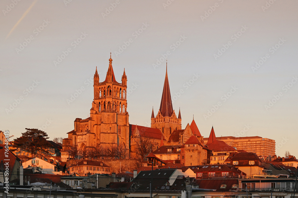 Switzerland. Lausanne. View of the Gothic cathedral, sunset.