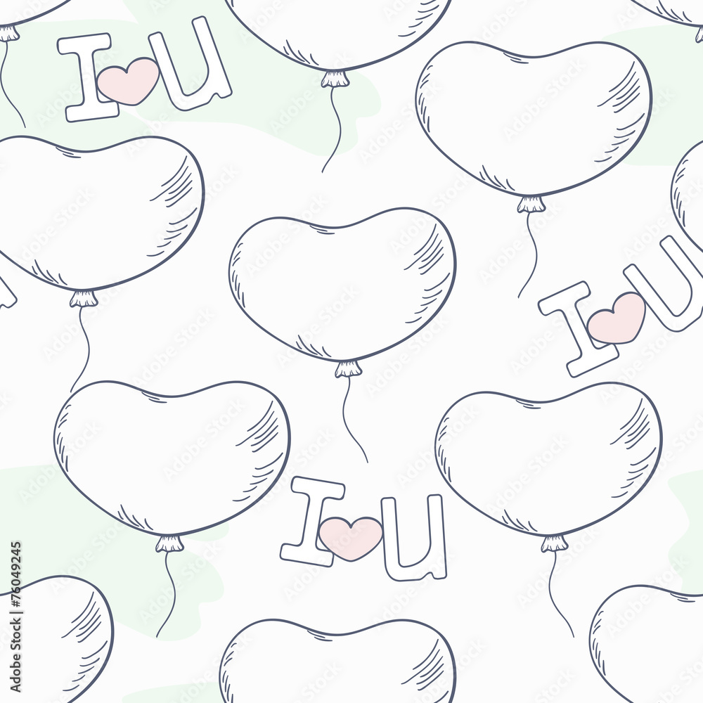 Doodle seamless pattern with heart balloons and letters