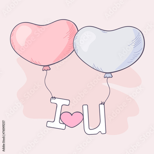 Hand drawn heart balloons holding letters