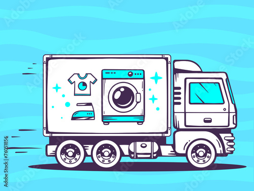 Vector illustration of truck free and fast delivering washing ma