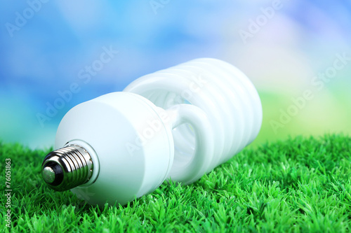 Energy saving light bulb on green grass, on bright background