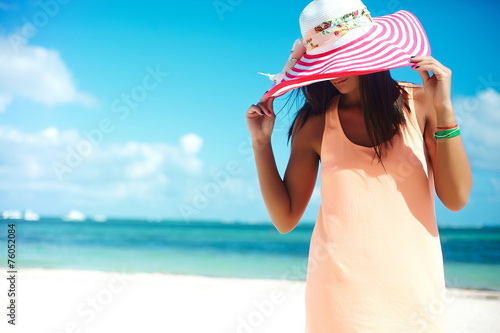 happy stylish hipster woman girl  in summer beach