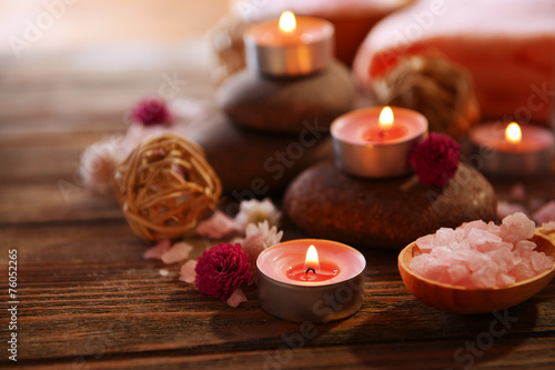 Composition of spa treatment on wooden background