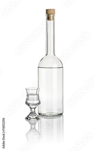 Spirituosenflasche und Schnapsglas mit klarer Flüssigkeit