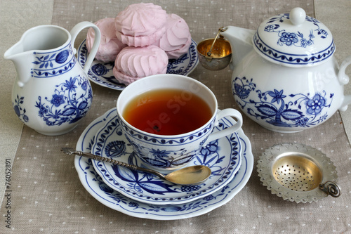 Tea break with white-blue porcelain.
