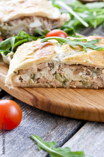 pie of puff pastry with tuna  rice and egg