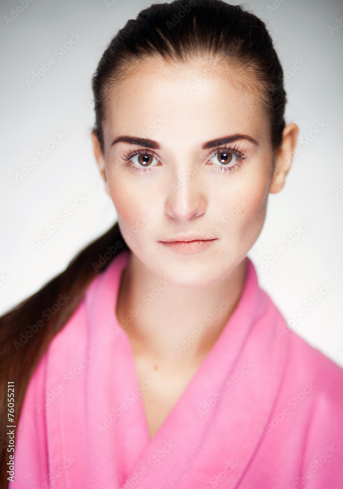 Fresh and healthy model girl in pink bathrobe Fresh and healthy model girl in pink bathrobe