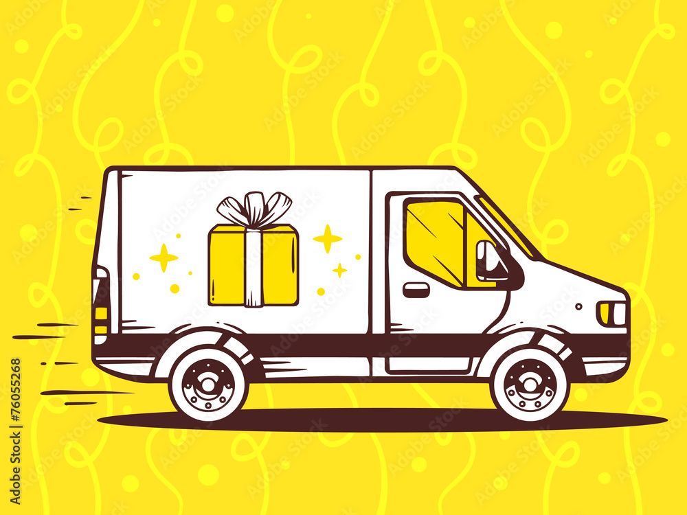 Fototapeta premium Vector illustration of van free and fast delivering gift box to