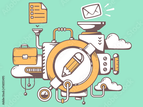 Vector illustration of mechanism with pencil and office icons on