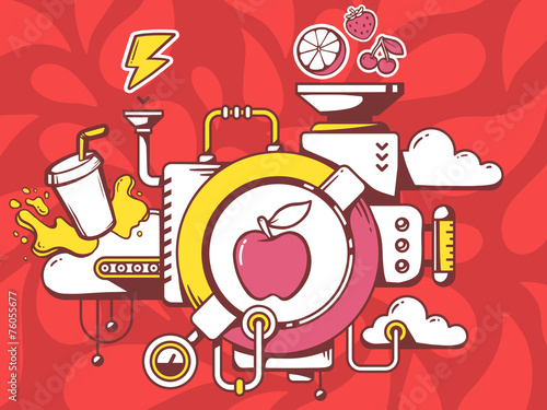 Vector illustration of mechanism with apple and relevant icons o