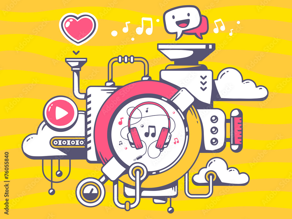 Naklejka premium Vector illustration of mechanism with music headphones and relev