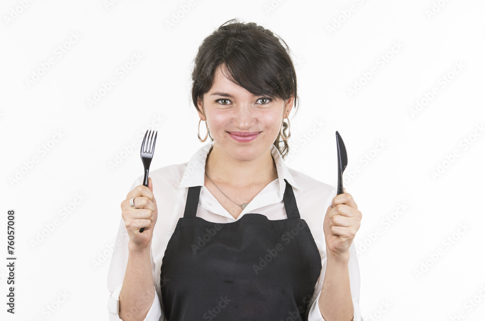young beautiful female chef wearing black apron young beautiful female chef wearing black apron