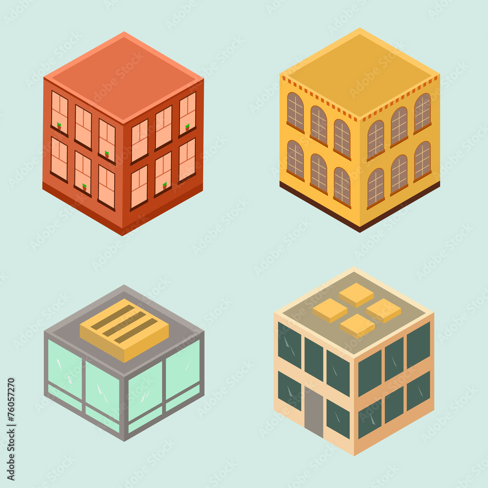 Set of 4 isometric houses in flat style. Set of 4 isometric houses in flat style.