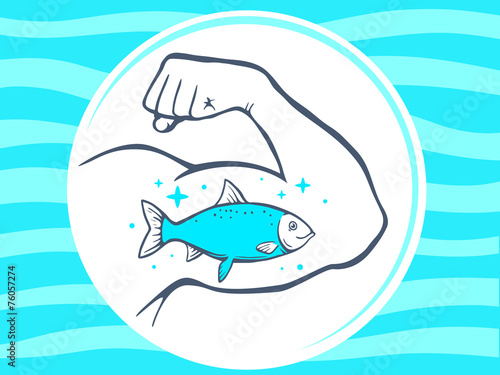 Vector illustration of strong man hand with  icon of fish on blu
