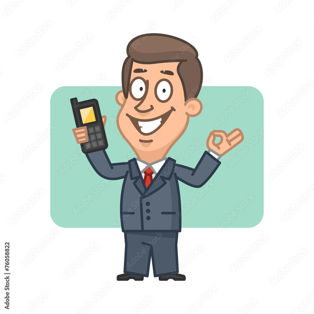 Businessman holding mobile phone and shows ok Businessman holding mobile phone and shows ok
