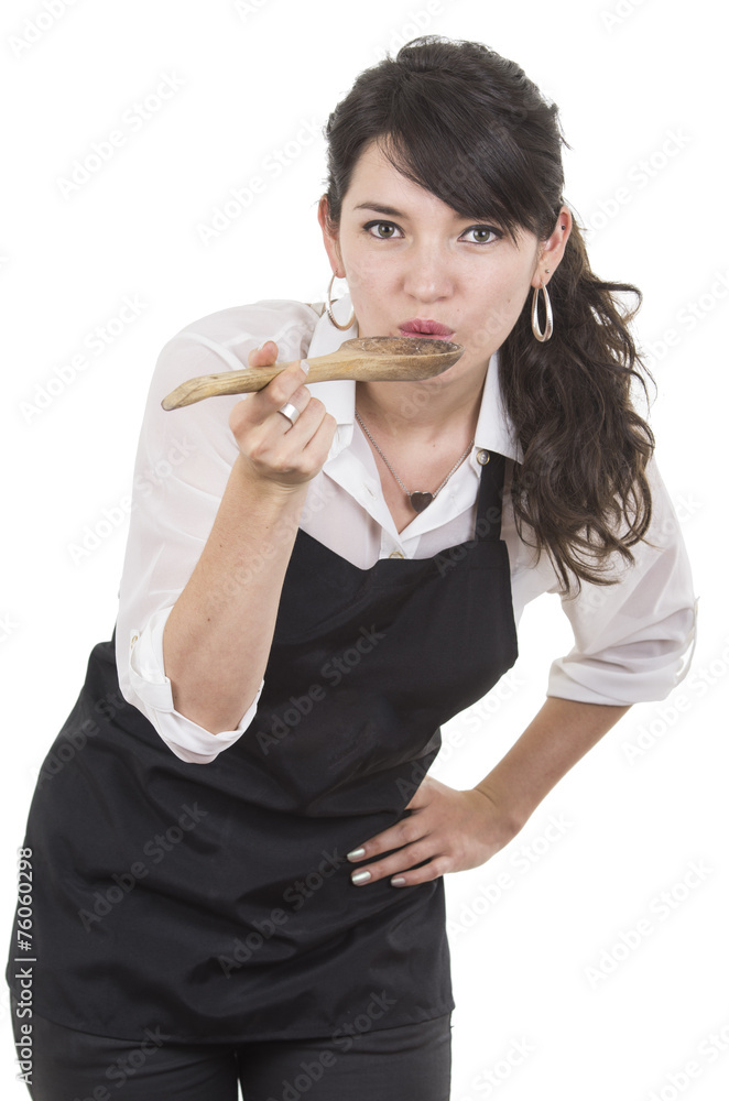 young beautiful female chef wearing black apron young beautiful female chef wearing black apron