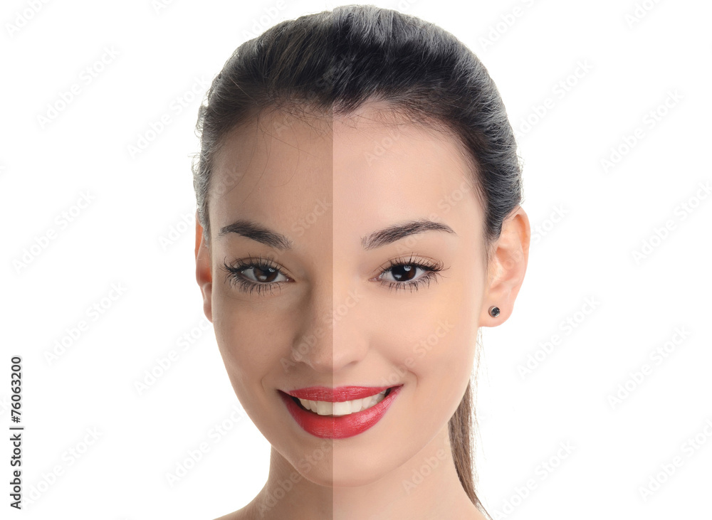 Woman smiling before and after retouching with photoshop. Woman smiling before and after retouching with photoshop.