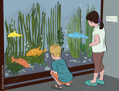 kids watching aquarium at museum - realistic illustration