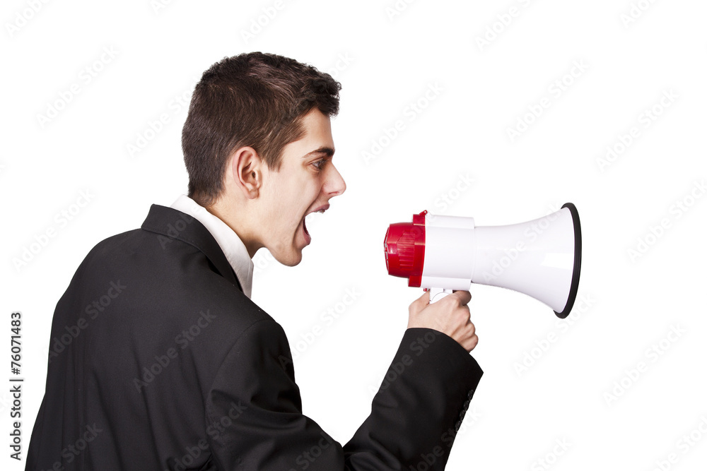 businessman shouting through megaphones businessman shouting through megaphones