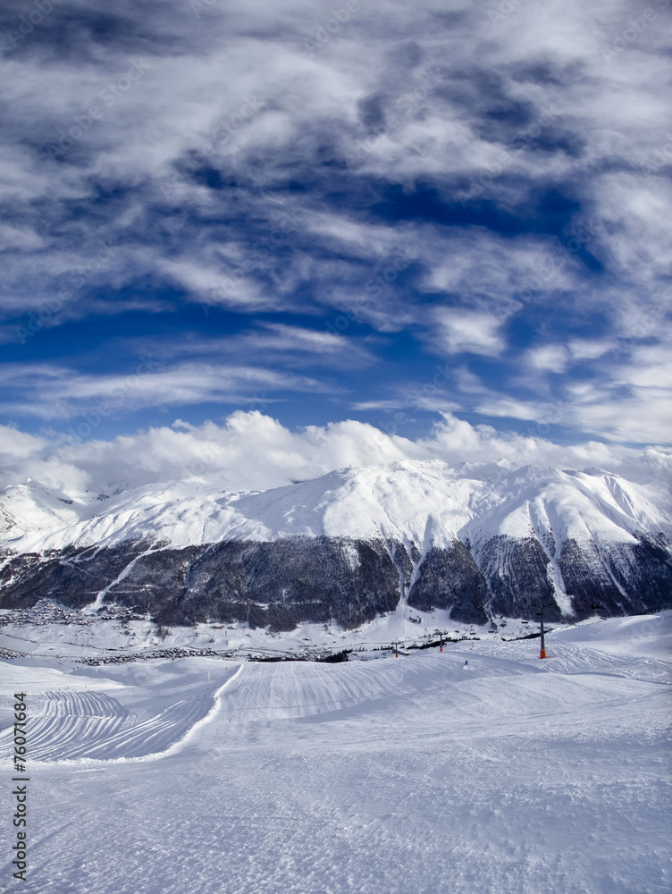 stunning view of skiing resort in Alps.