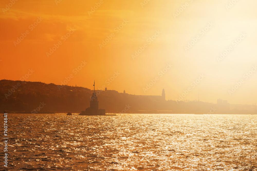 Maidens Tower in Istanbul in warm yellow morning light