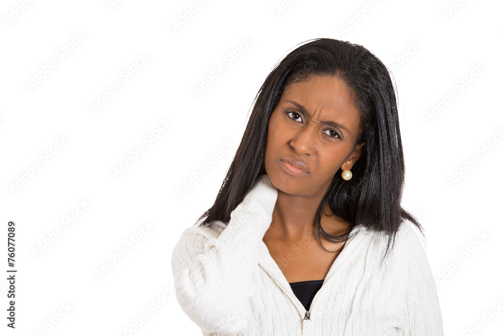 unhappy middle aged business woman with bad neck pain unhappy middle aged business woman with bad neck pain
