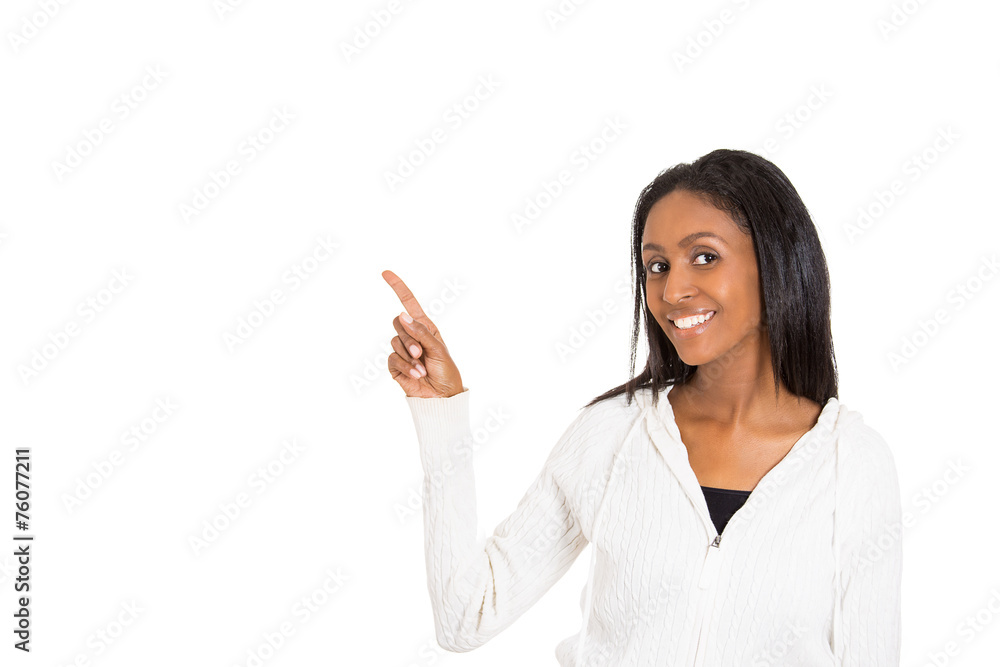 smiling middle aged woman pointing finger at blank copy space smiling middle aged woman pointing finger at blank copy space