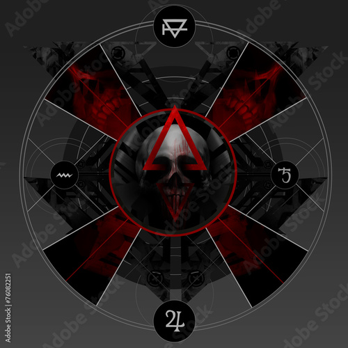 Obraz na plátně Fantasy witchcraft artwork of abstract alchemy bloody pentacle with skulls and signs
