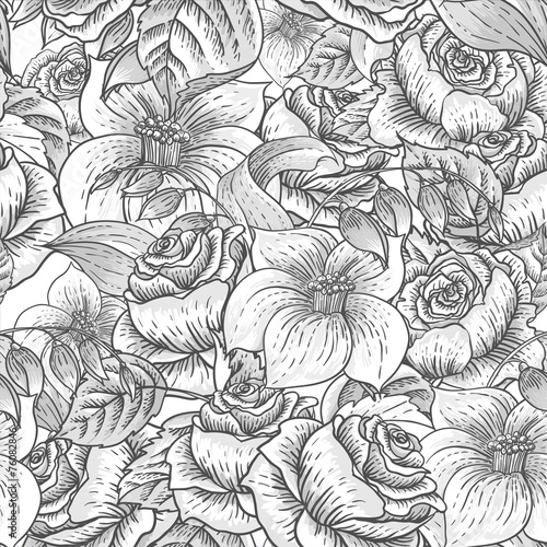 Fototapeta Naklejka Na Ścianę i Meble -  Seamless Monochrome Floral Pattern with Roses