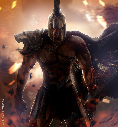Fototapeta Angry spartan warrior fire god.