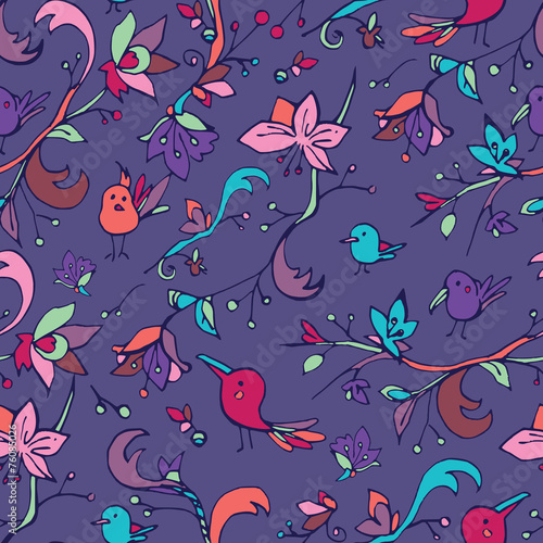 Violet seamless pattern with colorful birds and flowers