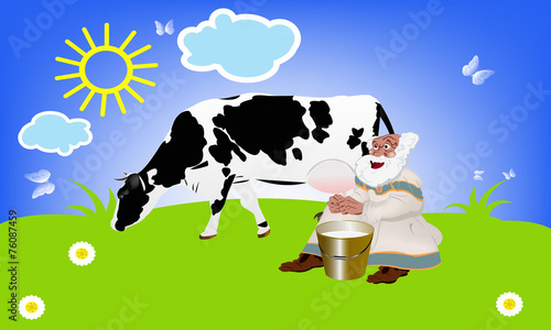 Milkman and cow.Dairy fresh product