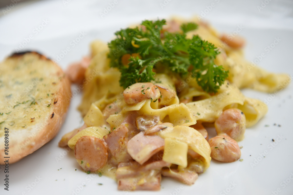 close up of fettuccine carbonara close up of fettuccine carbonara