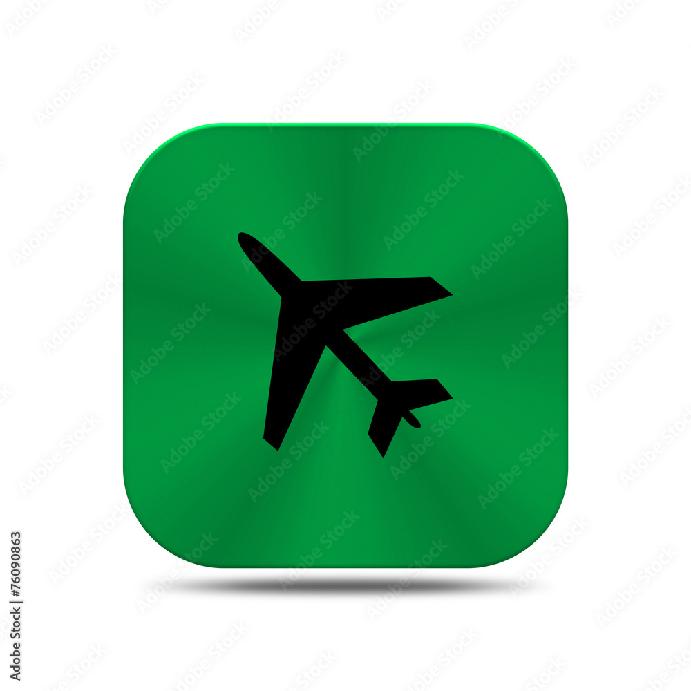 Green metal button with airplane icon